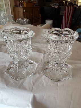 Source Unknown Clear Pressed Glass Decorative candle holder.They each weigh 287g